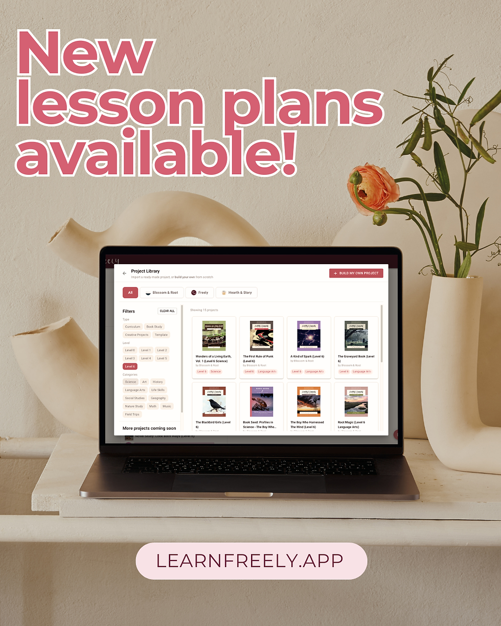 Laptop on table with a flower vase, displaying a lesson plan library. Text reads "New lesson plans available!" and "LEARNFREELY.APP".