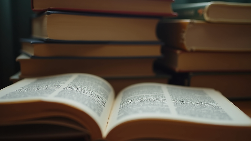 Eye-level view of a cozy reading nook with a stack of books