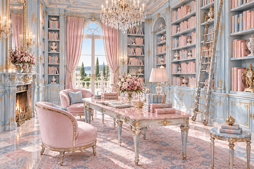 Royal library with baby blue bookcases, pink reading chairs, a rolling ladder, metallic table details and a fireplace.