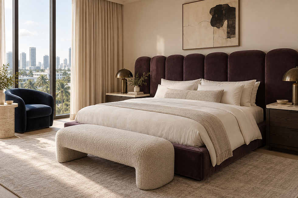 Design District bedroom concept with a plum headboard, dark timber cabinetry and restrained travertine details — residential interior design in Miami, FL