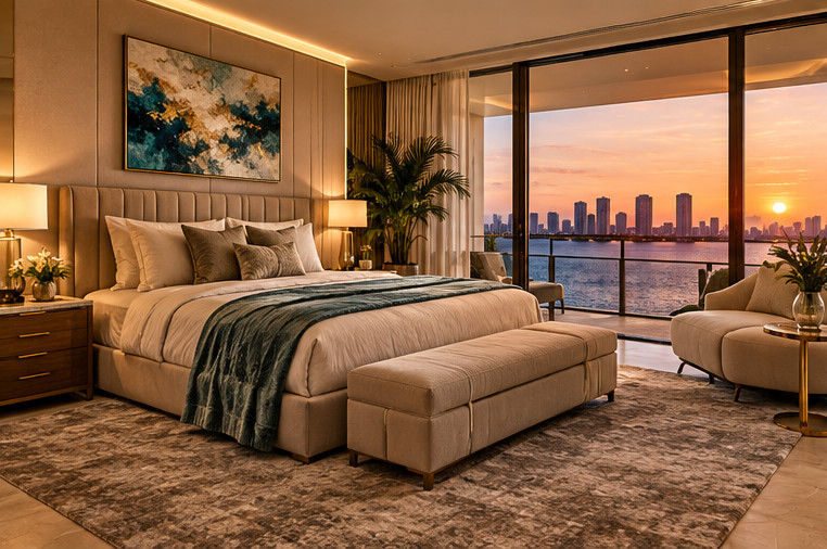design concept bedroom palette study with warm neutrals, teal accents, wood furniture and sunset waterfront light — residential interior design in Miami, FL