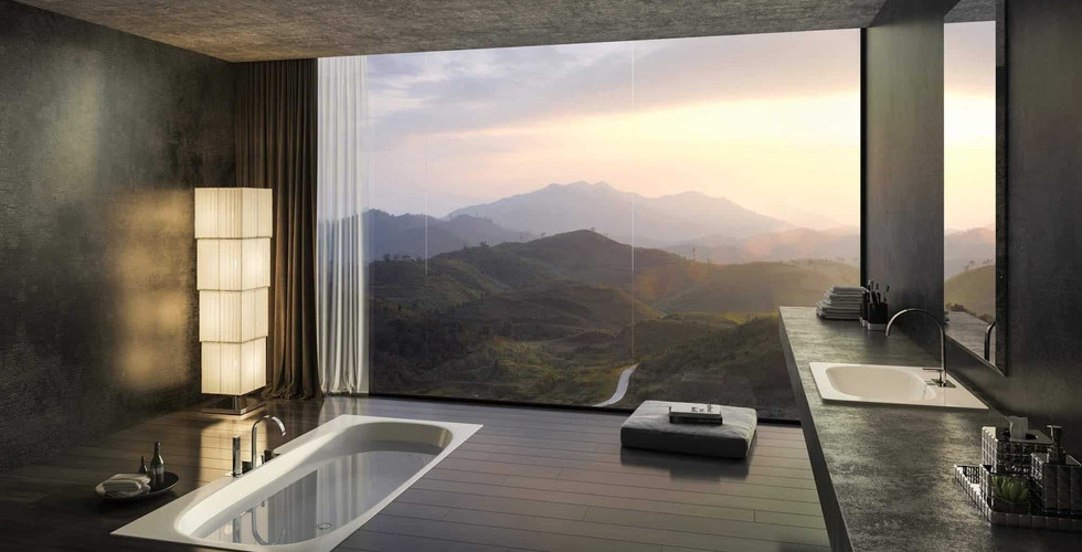 Minimalist Masculine Brown and Black Bathroom Remodel Project with ground built-in white bath tub; black shelf floating countertop has drop-in white sink and counter chrome faucet; back wall is clear transparent glass showcases panoramic nature mountains sunrise and light purple sky views.over dark stained walnut wood floor plank tiles.