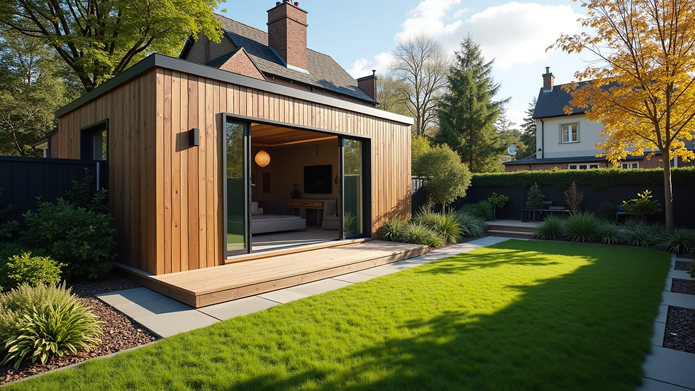 High angle view of a modern backyard with a custom-built shed