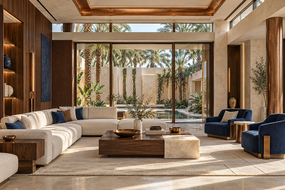 Iraq-inspired Palm Rhythm Salon at Date Palm Gallery House, a Bauhaus-influenced Miami concept with walnut, ivory stone, lapis and copper.