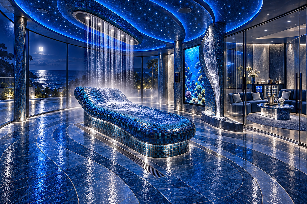 The Blue Night cascade entertainment suite with a central turquoise mosaic rainfall bench, sculptural waterfall, media display, and glazed lounge