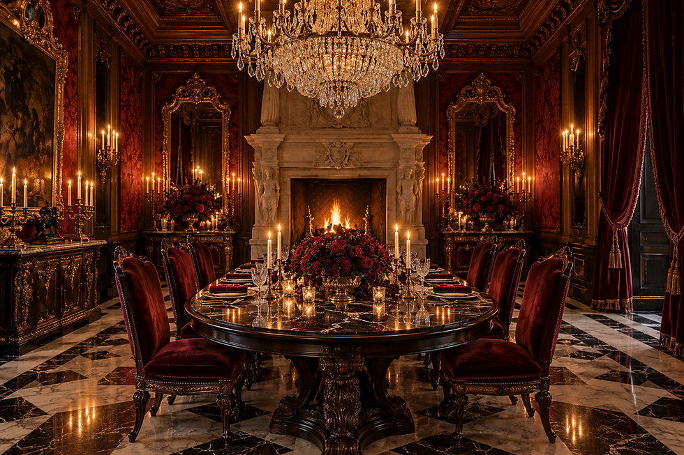 Formal dining room for Romeo and Juliette with oval dark wood table, red velvet chairs, crystal chandelier, marble fireplace, red silk walls, and candles.