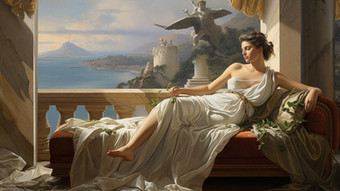 Neoclassical Greek architectural painting with columns and female figure