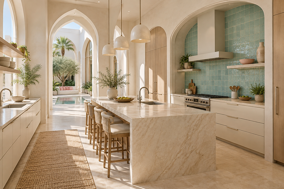Eritrea-inspired Miami kitchen with sea-glass tile and functional shell-stone island