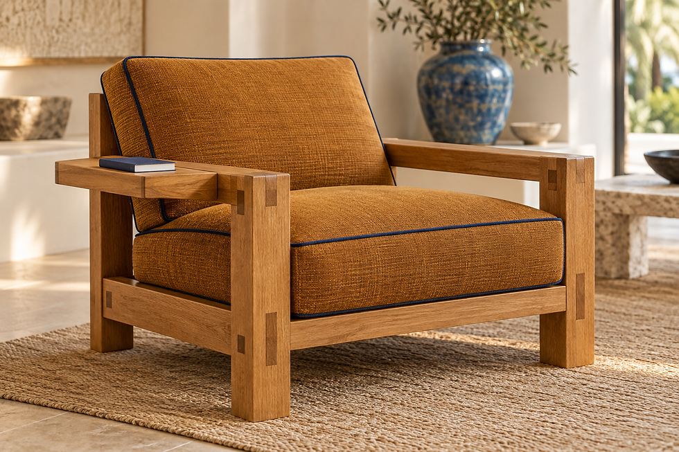 Custom amber reading chair concept with an architectural oak frame and fine indigo piping — residential interior design in Miami, FL