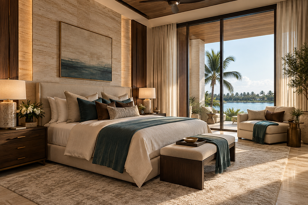 Côte d’Ivoire-inspired primary bedroom concept at Lagoon Ivory House, with ivory travertine, espresso oak, lagoon turquoise mohair, warm bronze, cocoa silk pillows, quiet modern beachfront architecture