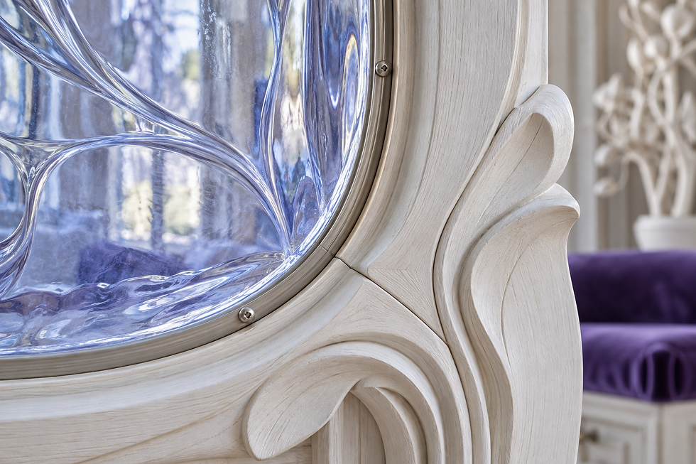 Design concept: rippled blue glass is retained by a silver-toned bead at a carefully joined carved pale timber surround.