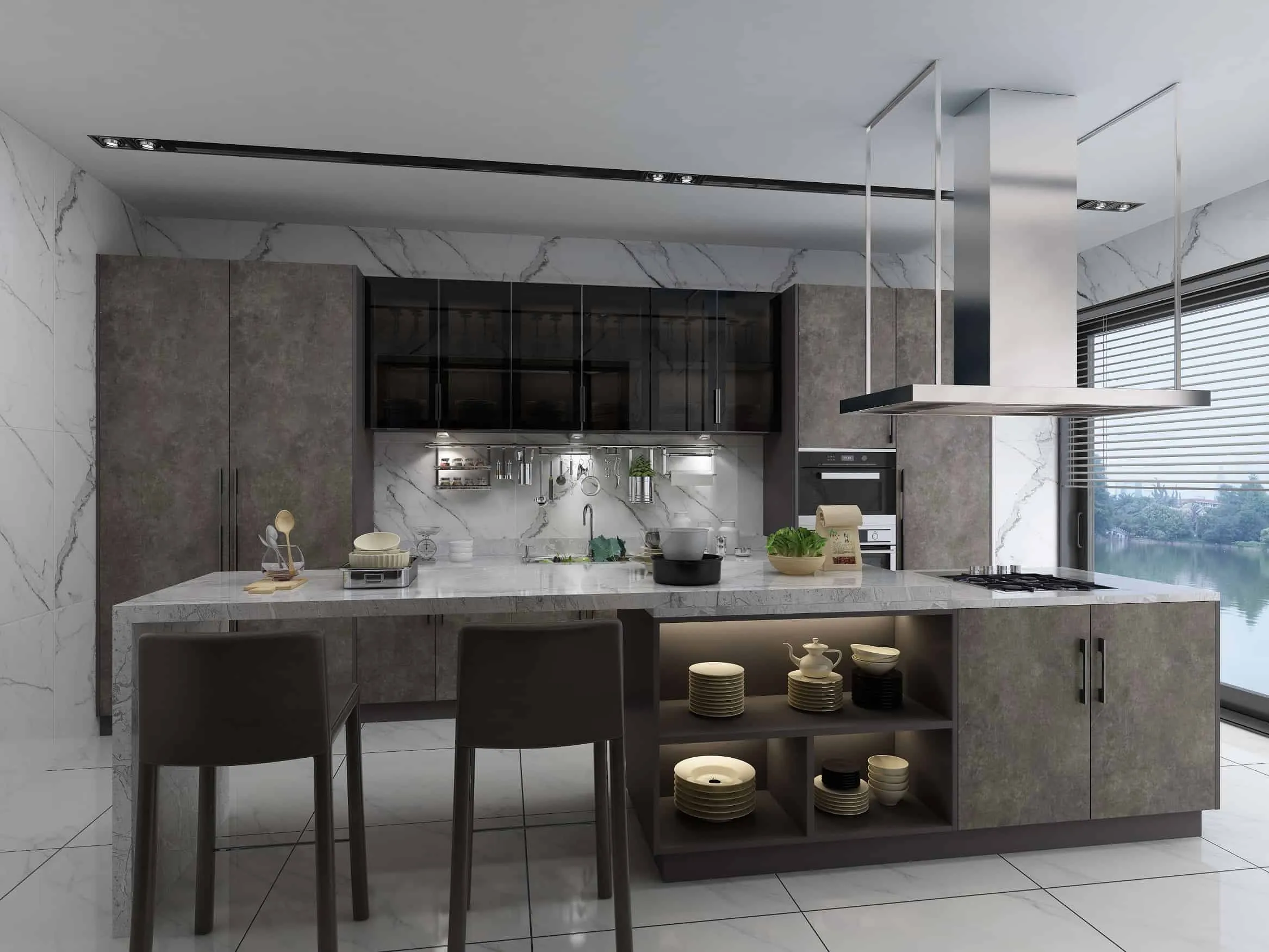Luxury Residential Kitchen Remodeling Project in Miami, Florida using Wall Smoke Glass Doors Cabinetry.