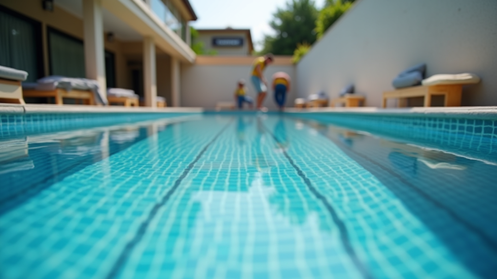 Close-up view of a luxury pool under construction with workers installing tiles