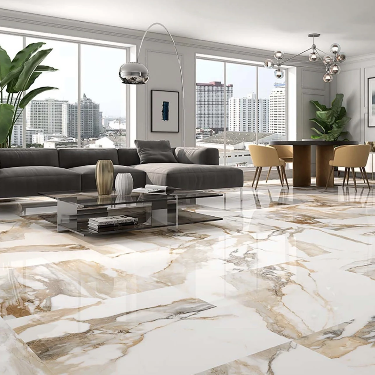 Luxury High-End Modern Condo Interior Design Panorama with High Gloss Paonazzo Marble Stone Floor Tiles, Grey L-Shape Suede Couch with Gun Powder Smoke Grey Center Coffee Table, Cherry Legs with Grey Top Dining Table with 4 Wood Yellow Chairs, 2 Interior Plants Decor over Neutral White Paint Walls and Ceiling.