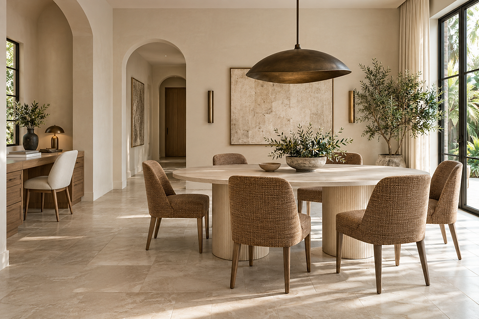 Interior visualization of an oval oak dining table, cinnamon upholstered chairs and a separate writing alcove.