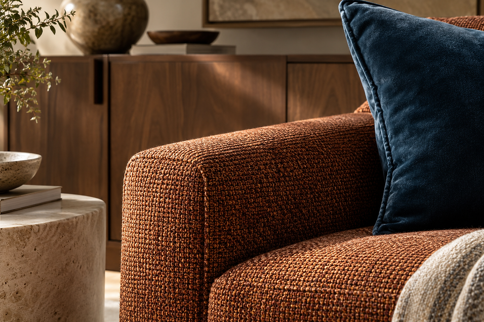 Close-up concept showing russet woven upholstery, blue velvet pile and warm walnut grain — residential interior design in Miami, FL