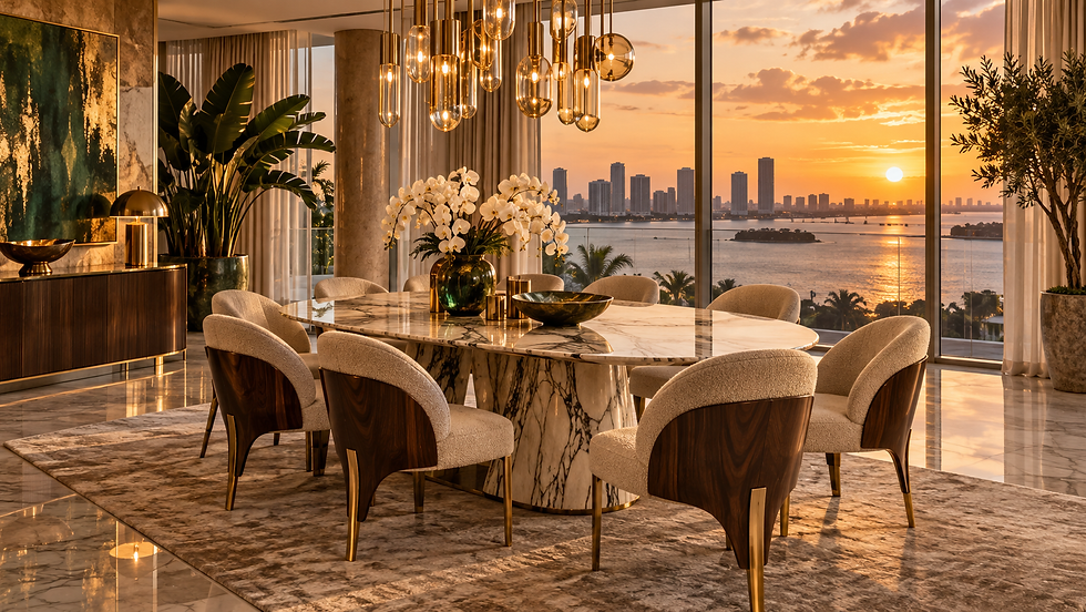 design concept oval stone dining table with sculptural wood-backed upholstered chairs and emerald artwork.