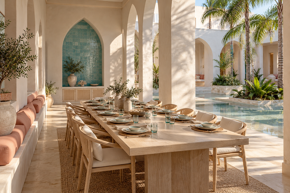 Eritrea-inspired shaded dining loggia with bleached-wood table and turquoise niche