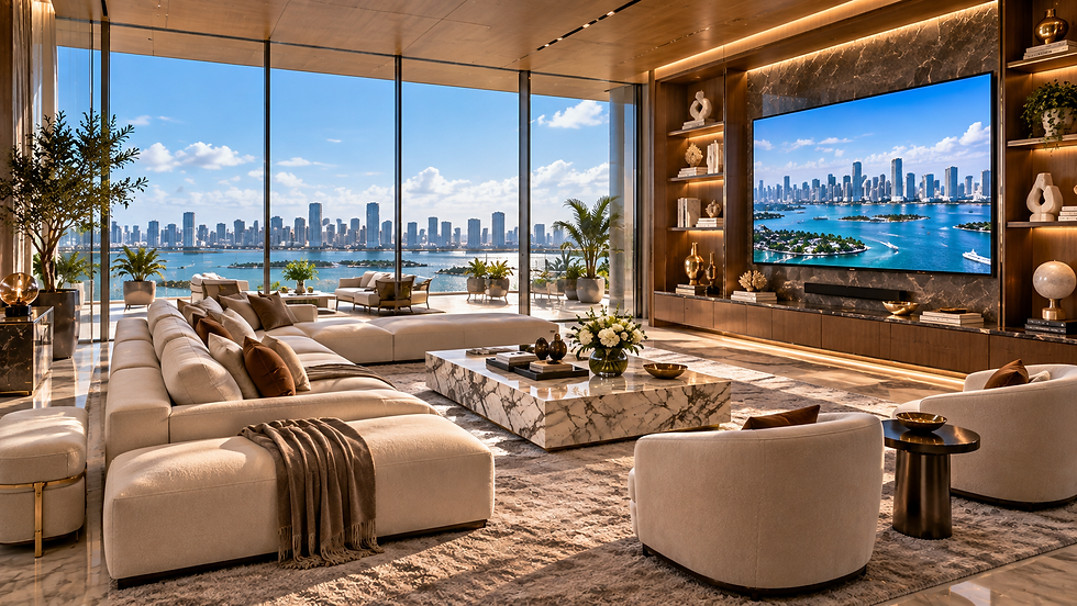 Interior visualization of a luxury media lounge with generous upholstery, a custom-style screen wall and panoramic bay views — residential interior design in Miami, FL