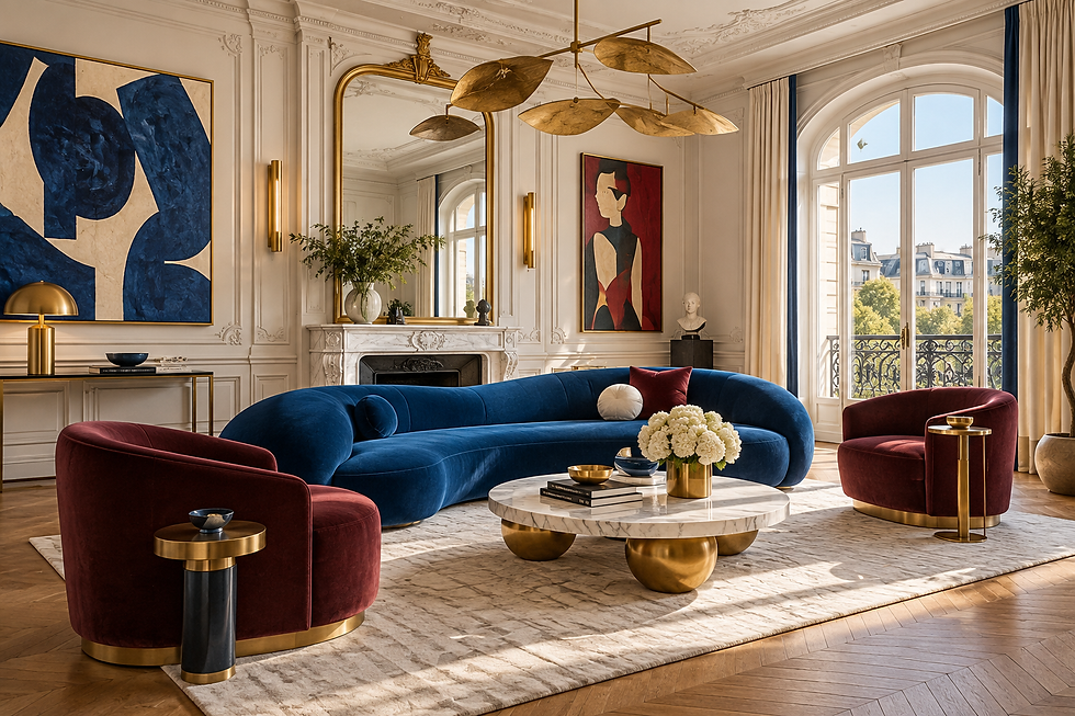 Parisian Eclectic Luxury residential interior design concept with newly made furniture and fresh finishes.