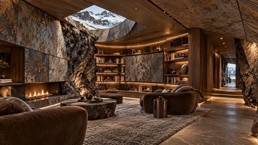 Underground alpine library lounge with stone, timber, and concealed media