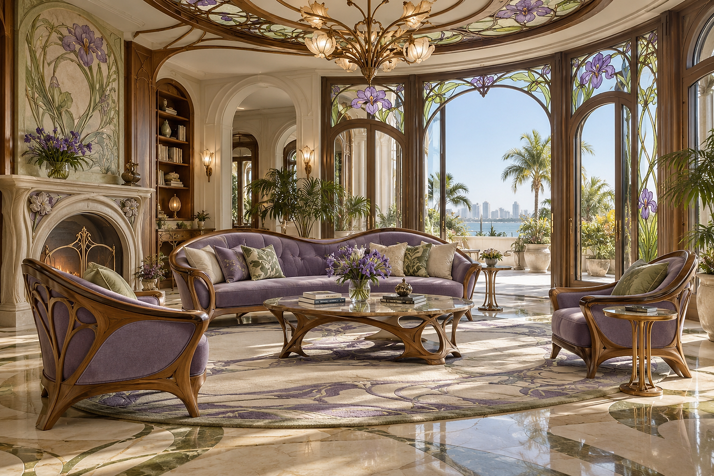 Art Nouveau Revival interior design craftsmanship, decorative textiles and finish details
