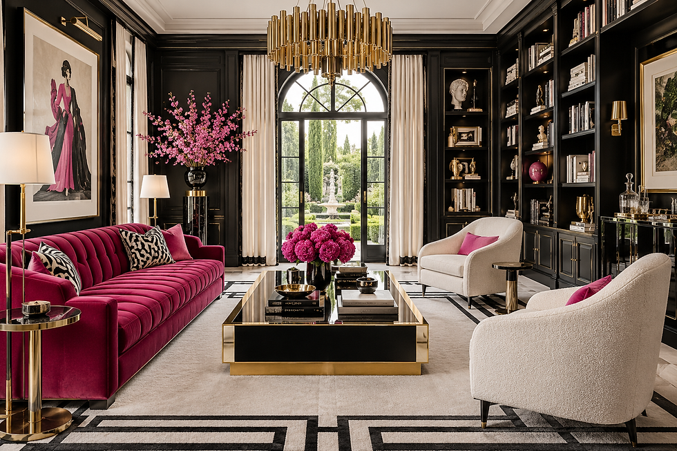 Hollywood Regency interior visualization: a second residential composition with newly made furnishings and fresh textiles.