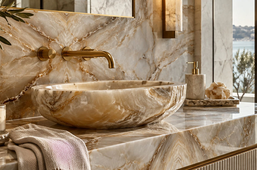 Detail crop of honey-colored stone veining across a vessel basin, wall slab and vanity surface in a design concept — residential interior design in Miami, FL