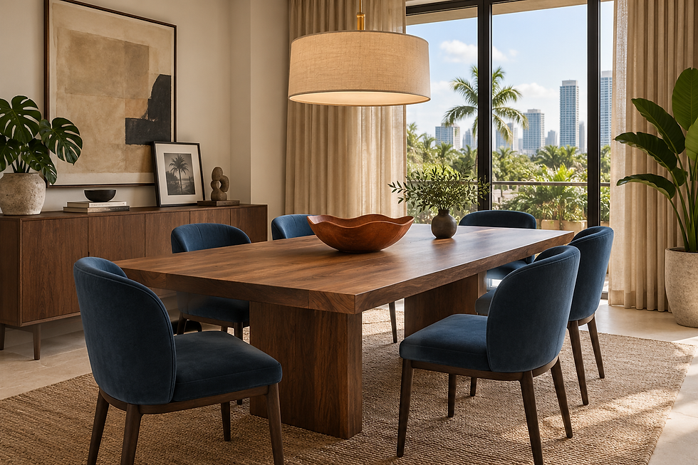 Overtown dining room design concept with a timber table, blue upholstered chairs and russet ceramic accents — residential interior design in Miami, FL