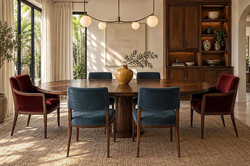 Little Havana dining room interior visualization with a restored wood table, petrol-blue side chairs and oxblood end chairs.