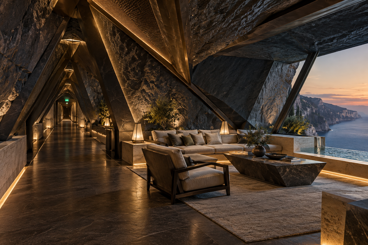Underground tunnel lounge at The Aetherion Cliff Palace
