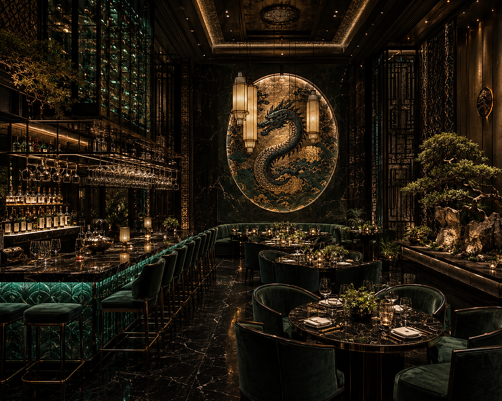 Dramatic luxury restaurant interior design with custom millwork, marble, and statement mural — dining rooms engineered to sell by Endless Life Design