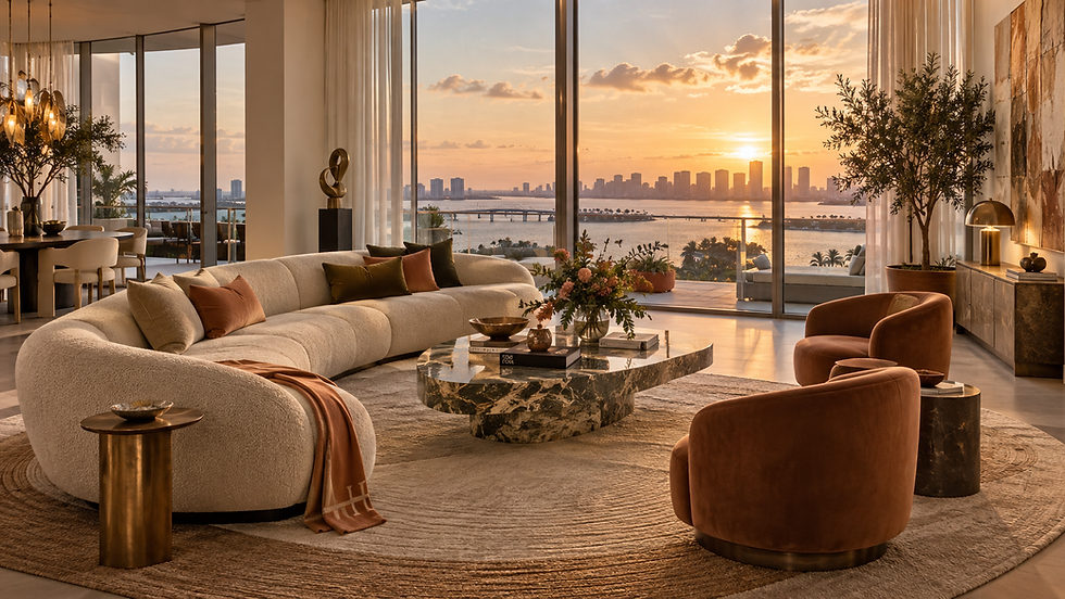 design concept penthouse living-room concept with a sweeping ivory sofa, rust-colored chairs, dark veined stone and sunset water views — residential interior design in Miami, FL