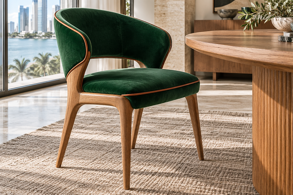 Custom emerald dining chair concept with a sculpted oak frame and terracotta piping — residential interior design in Miami, FL