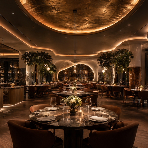 Royal commercial restaurant exterior with illuminated classical architecture, formal entry and luxury dining terrace