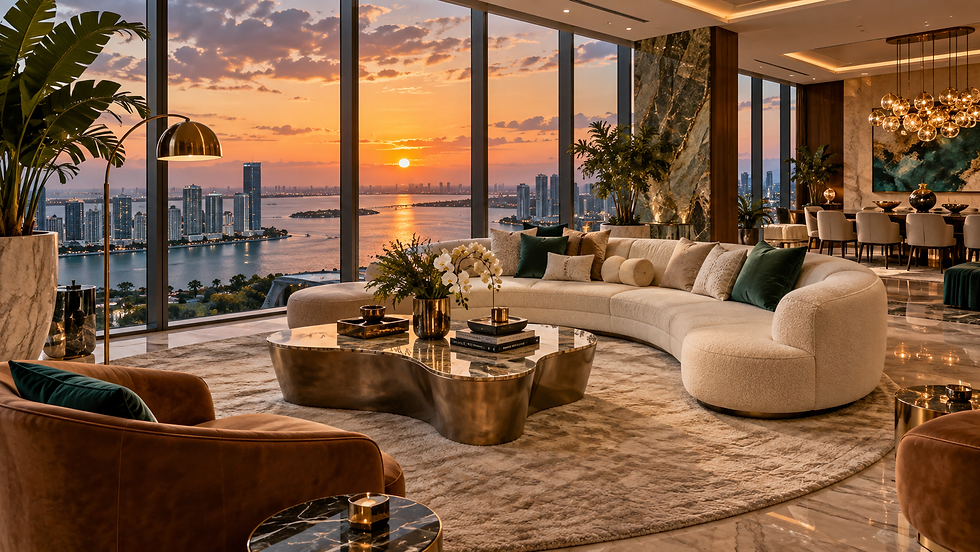design concept panoramic living room with an ivory curved sofa, emerald cushions and caramel lounge seating.