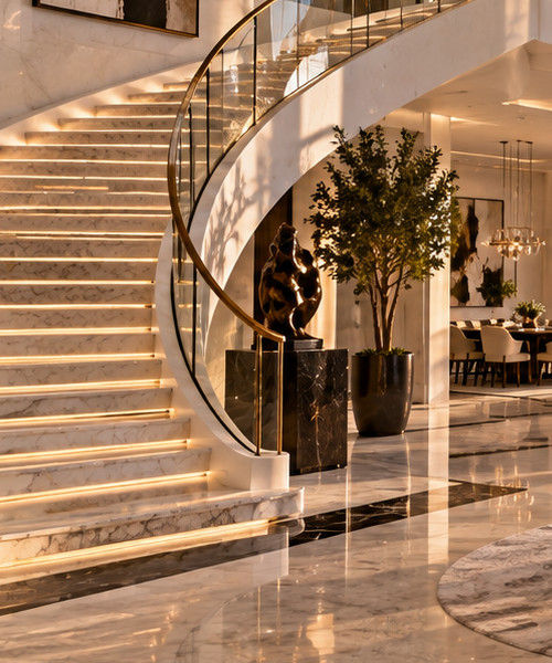 Close-up crop of a sculptural foyer detail and its architectural setting in the interior design concept — residential interior design in Miami, FL
