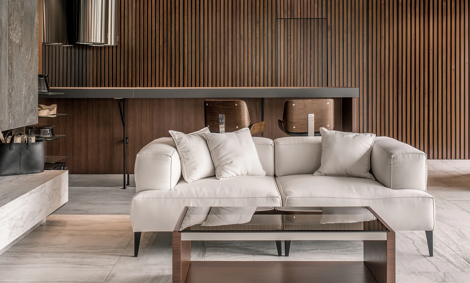 Residential Modern Mid-Century Contermporay 3D Living Room Interior Design with a front centered light grey fabric 2 seaters couch with 3 pillows on it, an ash grey wood floor planks tiles all through-out with a back unfinished walnut wood tall reeded closets cabinetry and a left side ceiling hanging stone covered fireplace.