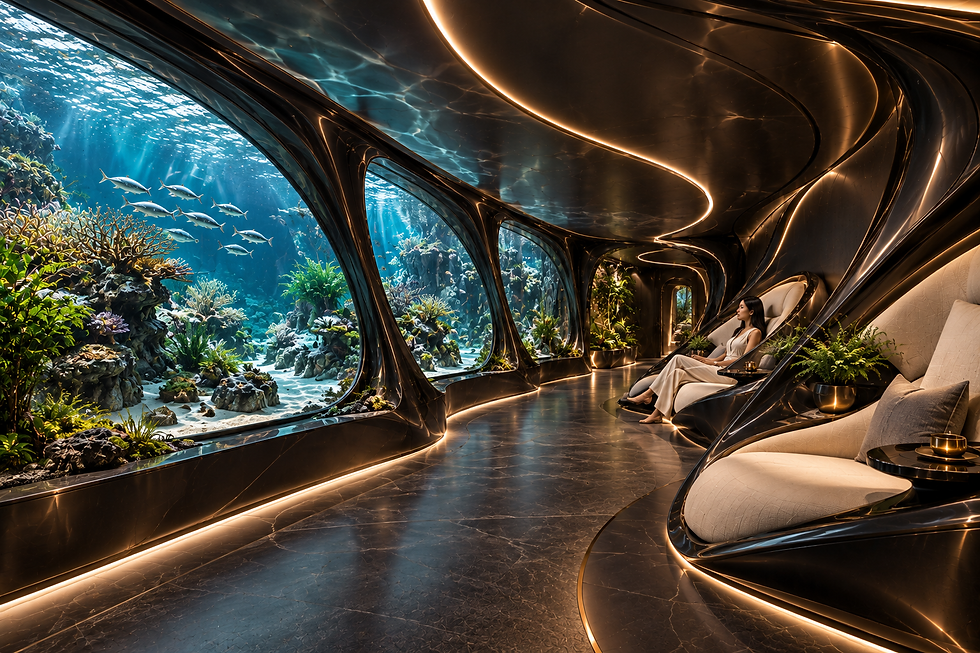 Asterion alien aquatic gallery, a black organic transformer residence concept with custom architecture and furnishings.