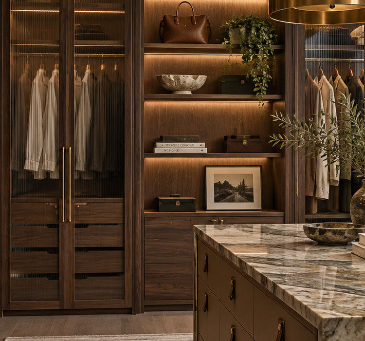 Detail crop of glazed wardrobe doors, illuminated wood shelves and continuous cabinet grain in a dressing-room concept — residential interior design in Miami, FL