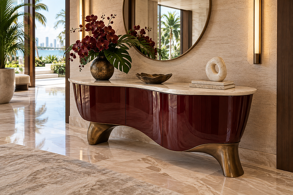 A bespoke sculptural burgundy lacquer entrance console with curving ivory stone top and bronze feet