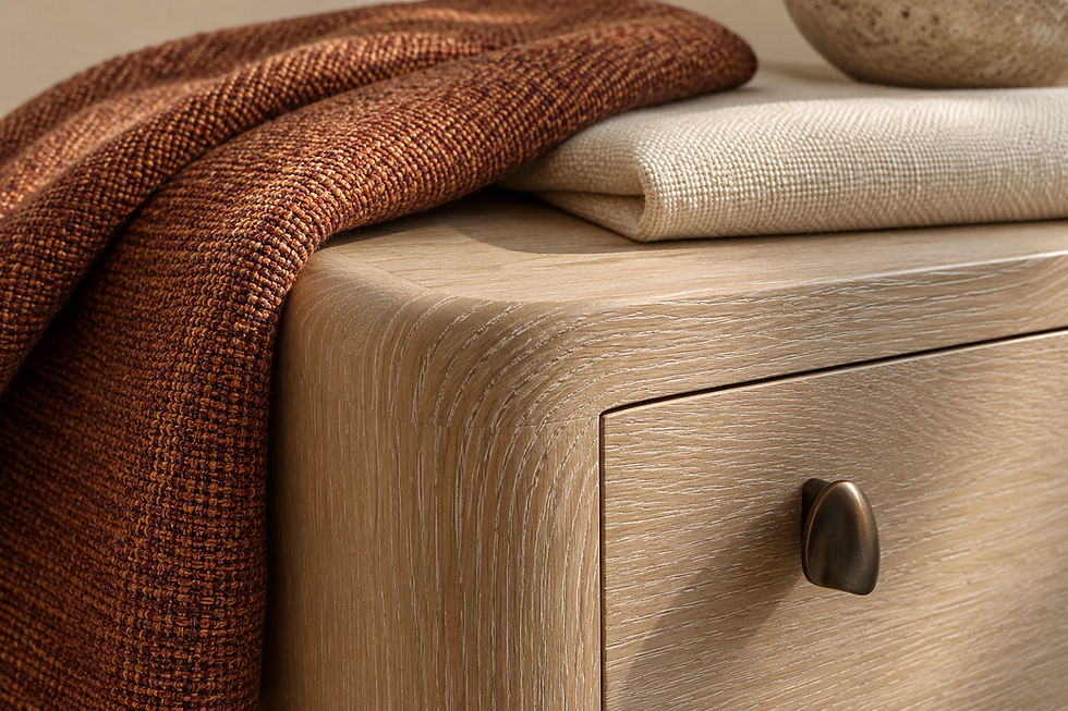 Design concept close-up of cerused-oak grain, cinnamon woven fabric, ivory upholstery and a bronze cabinet handle.
