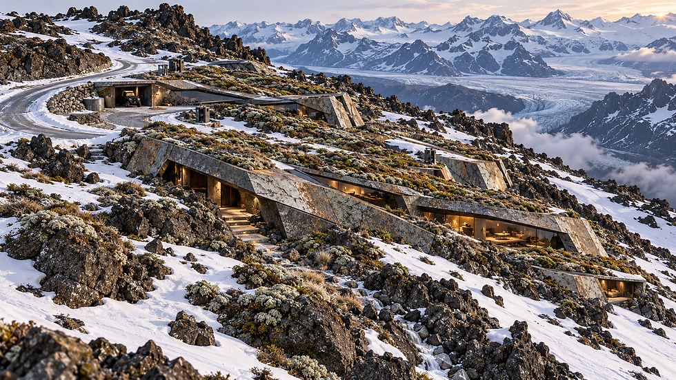 Camouflaged alpine ridge residence embedded in volcanic terrain