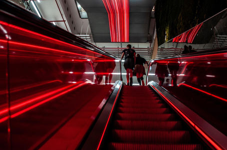 Modern commercial building escalator interior