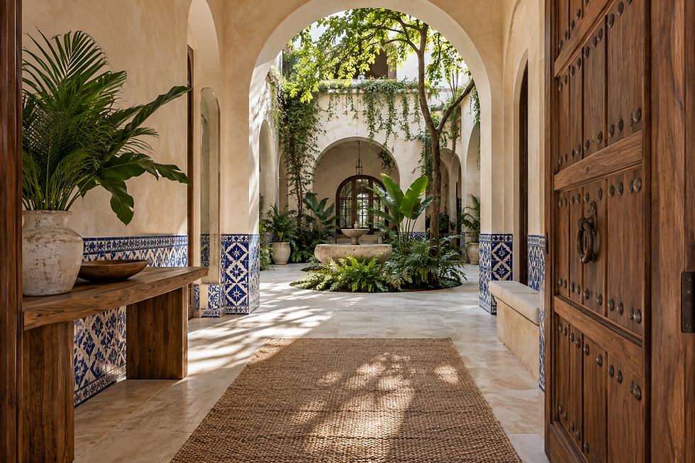 A shaded entry arcade with blue ceramic detailing, carved timber, and a planted courtyard.