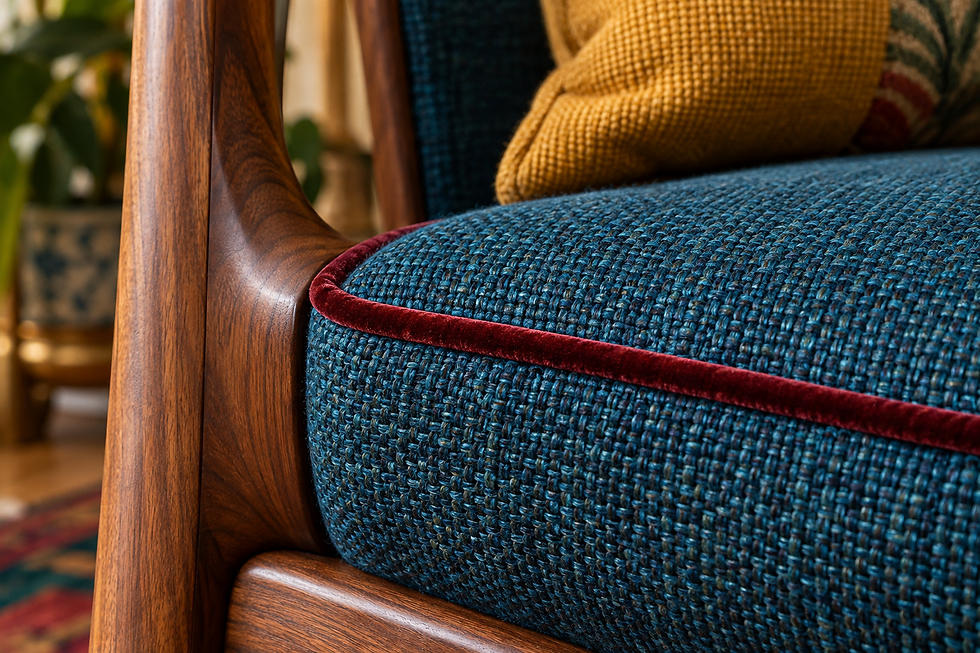 Close material concept showing petrol-blue upholstery, an oxblood velvet welt and a saffron textile accent — residential interior design in Miami, FL