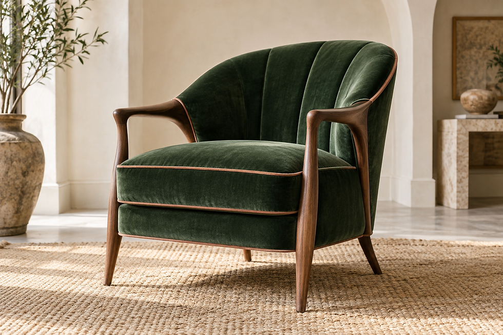 Bespoke green velvet armchair design concept with curved walnut arms, four timber legs and fine peach piping — residential interior design in Miami, FL
