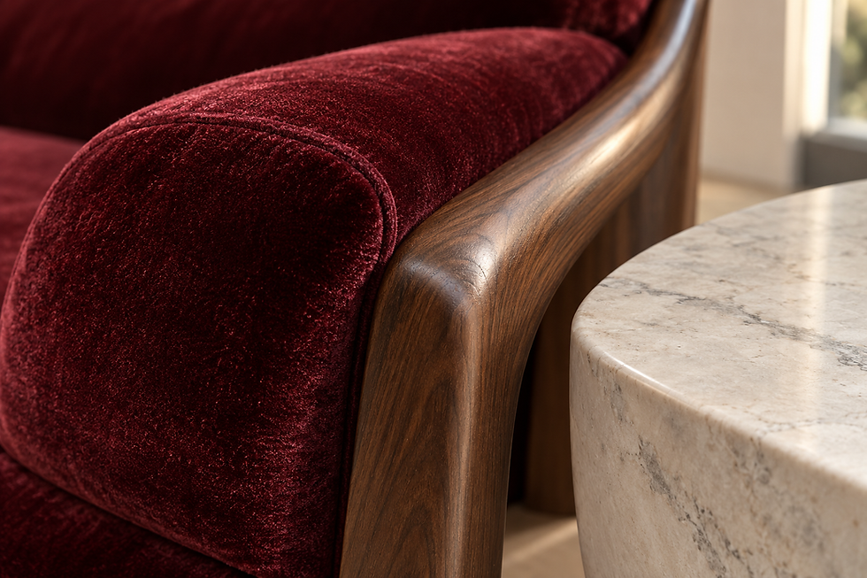 Wynwood material design concept showing burgundy velvet pile, a polished walnut arm and pale honed stone
