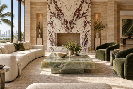 Original residential design concept: a luxurious residential stone-focused salon, pale green quartzite coffee table, warm travertine walls, dramatic burgundy-veined white marble fireplace surround with no fire, ivory velvet sofa and forest-green mohair chairs