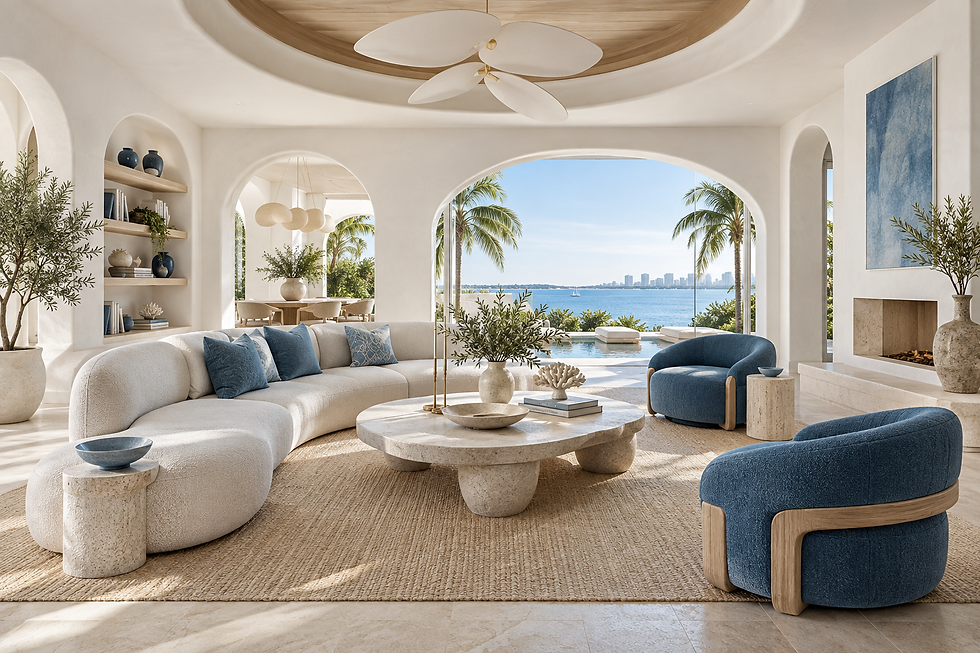 Modern Aegean residential interior design concept with newly made furniture and fresh finishes.